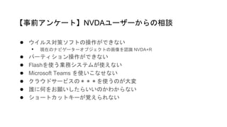 ● ウイルス対策ソフトの操作ができない
• 現在のナビゲーターオブジェクトの画像を認識 NVDA+R
● パーティション操作ができない
● Flashを使う業務システムが使えない
● Microsoft Teams を使いこなせない
● クラウドサービスの＊＊＊を使うのが大変
● 誰に何をお願いしたらいいのかわからない
● ショートカットキーが覚えられない
【事前アンケート】NVDAユーザーからの相談
 