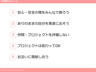 Copyright © 2019 Jun SUTO All Rights Reserved.
1 安心・安全の場をみんなで創ろう
２ ありのままの自分を素直に出そう
３ 仲間・プロジェクトを評価しない
４ プロジェクトは変わってOK
５ お互いに貢献し合う
本講座のルール
5
 