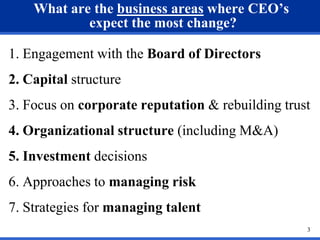 What are the business areas where CEO’s
            expect the most change?

1. Engagement with the Board of Directors
2. Capital structure
3. Focus on corporate reputation & rebuilding trust
4. Organizational structure (including M&A)
5. Investment decisions
6. Approaches to managing risk
7. Strategies for managing talent
                                                  3
 