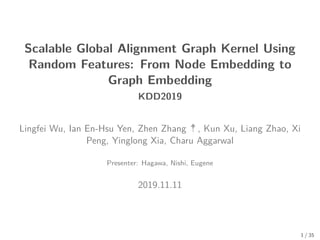 Scalable Global Alignment Graph Kernel Using
Random Features: From Node Embedding to
Graph Embedding
KDD2019
Lingfei Wu, Ian En-Hsu Yen, Zhen Zhang †, Kun Xu, Liang Zhao, Xi
Peng, Yinglong Xia, Charu Aggarwal
Presenter: Hagawa, Nishi, Eugene
2019.11.11
1 / 35
 