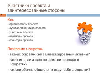 Участники проекта и  заинтересованные стороны Кто: - организаторы проекта - «узнаваемые» лица проекта  - участники проекта  - партнеры проекта - спонсоры проекта  Поведение в соцсетях:  - в каких соцсетях они зарегистрированы и  активны? - какие их цели и сколько времени проводят в соцсетях?  - как они обычно общаются и ведут себя в соцсетях?  