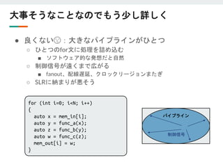 大事そうなことなのでもう少し詳しく
● 良くない😫：大きなパイプラインがひとつ
○ ひとつのfor文に処理を詰め込む
■ ソフトウェア的な発想だと自然
○ 制御信号が遠くまで広がる
■ fanout、配線遅延、クロックリージョンまたぎ
○ SLRに納まりが悪そう
パイプライン
制御信号
for (int i=0; i<N; i++)
{
auto x = mem_in[i];
auto y = func_a(x);
auto z = func_b(y);
auto w = func_c(z);
mem_out[i] = w;
}
 