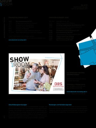 DEUTSCHEEUROSHOP / 9M 2019
9M 2019
QUARTALSMITTEILUNG
ZUM 30. SEPTEMBER 2019
Zukunftsbezogene Aussagen
Diese Quartalsmitteilung enthält zukunftsbezogene Aussagen, die
auf Einschätzungen künftiger Entwicklungen seitens des Vorstands
basieren. Die Aussagen und Prognosen stellen Einschätzungen dar,
die auf Basis aller zum jetzigen Zeitpunkt zur Verfügung stehenden
Informationen getroffen wurden. Sollten die den Aussagen und Pro-
gnosen zugrunde gelegten Annahmen nicht eintreffen, so können die
tatsächlichen Ergebnisse von den zurzeit erwarteten abweichen.
FINANZKALENDER 2019
13.11.	 Quartalsmitteilung 9M 2019
18.11.	 DZ Bank Equity Conference, Frankfurt
18.11.	 Roadshow Zürich, Baader Bank
21.11.	 Roadshow Paris, M. M. Warburg
28.11.	 Roadshow Amsterdam
05.12.	 Berenberg European Conference, Pennyhill
12.–13.12.	 HSBC Global Real Estate Conference, Kapstadt
Unser Finanzkalender wird ständig erweitert.
Die neuesten Termine erfahren Sie auf unserer Internetseite unter
www.deutsche-euroshop.de/ir
FINANZKALENDER 2020
09.–10.01.	 Oddo BHF Forum, Lyon
21.01.	 Kepler Cheuvreux GCC, Frankfurt
19.03.	 Vorläufige Ergebnisse des Geschäftsjahres 2019
26.03. 	 Bank of America Merrill Lynch European Real
	 Estate Conference, London
29.04.	 Veröffentlichung Geschäftsbericht 2019
14.05.	 Quartalsmitteilung 3M 2020
28.05.	 Societe Generale The Nice Conference, Nizza
16.06.	 Hauptversammlung, Hamburg
13.08.	 Halbjahresfinanzbericht 2020
12.11.	 Quartalsmitteilung 9M 2020
SIE WÜNSCHEN WEITERE
INFORMATIONEN?
Dann besuchen Sie uns im Internet
oder rufen Sie uns an:
Patrick Kiss und Nicolas Lissner
Tel.: +49 (0)40 - 41 35 79 20 / -22
Fax: +49 (0)40 - 41 35 79 29
www.deutsche-euroshop.de / ir
E-Mail: ir@deutsche-euroshop.de
Rundungen und Veränderungsraten
Bei Prozentangaben und Zahlen in diesem Bericht können Rundungs-
differenzen auftreten. Die Vorzeichenangabe der Veränderungsraten
richtet sich nach wirtschaftlichen Gesichtspunkten: Verbesserungen
werden mit Plus (+) bezeichnet, Verschlechterungen mit Minus (-).
Die Shoppingcenter-AG
Die Quartalsmitteilung 9M 2019
ist nun abrufbar unter
www.deutsche-euroshop.de/IR
191107_des_Anzeige_GCSC.indd 1191107_des_Anzeige_GCSC.indd 1 08.11.19 10:0808.11.19 10:08
011
 