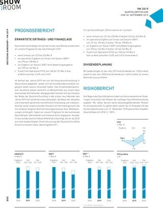 DEUTSCHEEUROSHOP / 9M 2019
9M 2019
QUARTALSMITTEILUNG
ZUM 30. SEPTEMBER 2019
PROGNOSEBERICHT
ERWARTETE ERTRAGS- UND FINANZLAGE
Nach einem planmäßigen Verlauf der ersten neun Monate wiederholen
wir unsere Prognose für das Geschäftsjahr 2019:
•	 einen Umsatz von 222 bis 226 Mio.€
•	 ein operatives Ergebnis vor Zinsen und Steuern (EBIT)
von 194 bis 198 Mio.€
•	 ein Ergebnis vor Steuern (EBT) ohne Bewertungsergebnis
von 159 bis 162 Mio.€
•	 Funds from Operations (FFO) von 148 bis 151 Mio.€ bzw.
je Aktie zwischen 2,40€ und 2,44€
Im Verlauf des Jahres 2019 hat sich die Konjunkturentwicklung in
Deutschland abgekühlt, wobei sich die Einzelhandelsumsätze ins-
gesamt weiter positiv entwickelt haben. Das Einzelhandelswachs-
tum resultierte jedoch weiterhin im Wesentlichen aus einem stark
wachsenden Onlinehandel, demgegenüber konnten sich die Umsätze
der Mieter der Deutsche EuroShop in den ersten neun Monaten des
Jahres 2019 auf Vorjahresniveau behaupten. Auf Basis der aktuellen
und erwarteten gesamtwirtschaftlichen Entwicklung und insbeson-
dere der weiter anspruchsvollen Situation am Vermietungsmarkt, die
mit teilweise längeren Nachvermietungsprozessen bzw. Mietanpas-
sungen einhergeht, haben wir unsere Prognose für das kommende
Geschäftsjahr überarbeitet und teilweise leicht angepasst. Darüber
hinaus wurden positive Steuereffekte berücksichtigt, die wir ab 2020
aus einer beabsichtigten Umstrukturierung des Deutsche EuroShop
Konzern erwarten (siehe „Nachtragsbericht“).
Für das Geschäftsjahr 2020 erwarten wir nunmehr:
•	 einen Umsatz von 221 bis 225 Mio.€ (bisher 222 bis 226 Mio.€)
•	 ein operatives Ergebnis vor Zinsen und Steuern (EBIT)
von 191 bis 195 Mio.€ (bisher 194 bis 198 Mio.€)
•	 ein Ergebnis vor Steuern (EBT) ohne Bewertungsergebnis
von 159 bis 162 Mio.€ (bisher 161 bis 164 Mio.€)
•	 Funds from Operations (FFO) von 150 bis 153 Mio.€
bzw. je Aktie zwischen 2,43€ und 2,47€ (unverändert).
DIVIDENDEPLANUNG
Wir beabsichtigen für das Jahr 2019 eine Dividende von 1,55€ je Aktie
sowie für das Jahr 2020 eine Dividende von 1,60 € je Aktie an unsere
Aktionäre auszuschütten.
RISIKOBERICHT
Seit Beginn des Geschäftsjahres haben sich keine wesentlichen Ände-
rungen hinsichtlich der Risiken der künftigen Geschäftsentwicklung
ergeben. Wir sehen derzeit keine bestandsgefährdenden Risiken
für die Gesellschaft. Es gelten daher weiter die im Risikobericht des
Konzernabschlusses zum 31. Dezember 2018 gemachten Angaben
(Geschäftsbericht 2018, S. 128ff.).
FFO
in Mio. €
Ergebnis ZielZiel
150,4
153
151
148
150
Ziel
222 – 226
Ziel
221 – 225
2020
Ergebnis
225,0
2018 2019
*	ohne Bewertungsergebnis
2020
Ziel
159 – 162
2019
Ziel
159 – 162
2018
Ergebnis
160,9
UMSATZ
in Mio.€
EBT *
in Mio.€
EBIT
in Mio.€
Ziel
194 – 198
2019
Ziel
191 – 195
2020
Ergebnis
199,1
2018 2019 20202018
FFO je Aktie
in €
Ziel
2,40 – 2,44
Ziel
2,43 – 2,47
Ergebnis
2,43
005
 