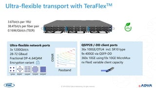 © 2019 ADVA Optical Networking. All rights reserved.22
Ultra-flexible transport with TeraFlexTM
3.6Tbit/s per 1RU
38.4Tbit/s per fiber pair
0.16W/Gbit/s (TEER)
Ultra-flexible network ports
3x 1200Gbit/s
28-72 GBaud
Fractional DP-4..64QAM
Encryption variant
QSFP28 /-DD client ports
36x 100GE/OTU4 incl. SR10 type
9x 400GE via QSFP-DD
360x 10GE using10x 10GE MicroMux
nx FlexE variable client capacity
Passband
OSNR
 