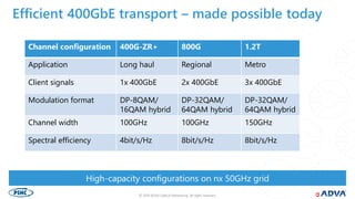 © 2019 ADVA Optical Networking. All rights reserved.44
High-capacity configurations on nx 50GHz grid
Efficient 400GbE transport – made possible today
Channel configuration 400G-ZR+ 800G 1.2T
Application Long haul Regional Metro
Client signals 1x 400GbE 2x 400GbE 3x 400GbE
Modulation format DP-8QAM/
16QAM hybrid
DP-32QAM/
64QAM hybrid
DP-32QAM/
64QAM hybrid
Channel width 100GHz 100GHz 150GHz
Spectral efficiency 4bit/s/Hz 8bit/s/Hz 8bit/s/Hz
 