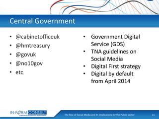 Central Government
•
•
•
•
•

@cabinetofficeuk
@hmtreasury
@govuk
@no10gov
etc

• Government Digital
Service (GDS)
• TNA guidelines on
Social Media
• Digital First strategy
• Digital by default
from April 2014

The Rise of Social
Presentation Title Media and its Implications for the Public Sector

11

 