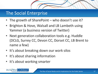 The Social Enterprise
• The growth of SharePoint – who doesn’t use it?
• Brighton & Hove, Walsall and LB Lambeth using
Yammer (a business version of Twitter)
• Next generation collaboration tools e.g. Huddle
(DCLG, Surrey CC, Devon CC, Dorset CC, LB Brent to
name a few)
• It’s about breaking down our work silos
• It’s about sharing information
• It’s about working smarter
The Rise of Social
Presentation Title Media and its Implications for the Public Sector

17

 