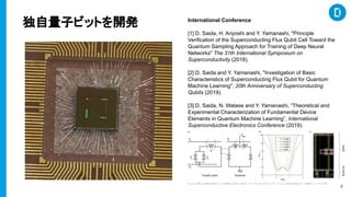 4
ӥӥåȤ_k? International Conference
[1] D. Saida, H. Ariyoshi and Y. Yamanashi, "Principle
Verification of the Superconducting Flux Qubit Cell Toward the
Quantum Sampling Approach for Training of Deep Neural
Networks" The 31th International Symposium on
Superconductivity (2018).
[2] D. Saida and Y. Yamanashi, "Investigation of Basic
Characteristics of Superconducting Flux Qubit for Quantum
Machine Learning", 20th Anniversary of Superconducting
Qubits (2019).
[3] D. Saida, N. Watase and Y. Yamanashi, Theoretical and
Experimental Characterization of Fundamental Device
Elements in Quantum Machine Learning, International
Superconductive Electronics Conference (2019).
 