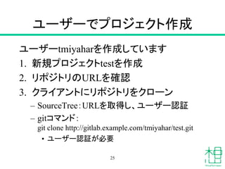 ユーザーでプロジェクト作成
ユーザーtmiyaharを作成しています
1. 新規プロジェクトtestを作成
2. リポジトリのURLを確認
3. クライアントにリポジトリをクローン
– SourceTree：URLを取得し、ユーザー認証
– gitコマンド：
git clone http://gitlab.example.com/tmiyahar/test.git
• ユーザー認証が必要
25
 