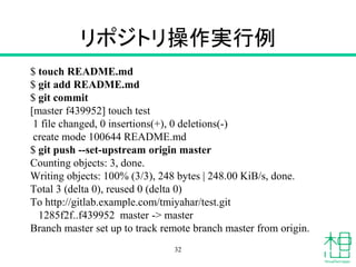 リポジトリ操作実行例
$ touch README.md
$ git add README.md
$ git commit
[master f439952] touch test
1 file changed, 0 insertions(+), 0 deletions(-)
create mode 100644 README.md
$ git push --set-upstream origin master
Counting objects: 3, done.
Writing objects: 100% (3/3), 248 bytes | 248.00 KiB/s, done.
Total 3 (delta 0), reused 0 (delta 0)
To http://gitlab.example.com/tmiyahar/test.git
1285f2f..f439952 master -> master
Branch master set up to track remote branch master from origin.
32
 