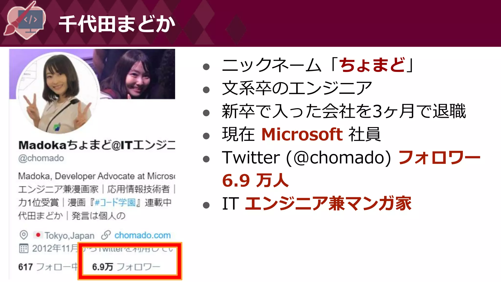 ● ニックネーム「ちょまど」
● 文系卒のエンジニア
● 新卒で入った会社を3ヶ月で退職
● 現在 Microsoft 社員
● Twitter (@chomado) フォロワー
6.9 万人
● IT エンジニア兼マンガ家
千代田まどか
 