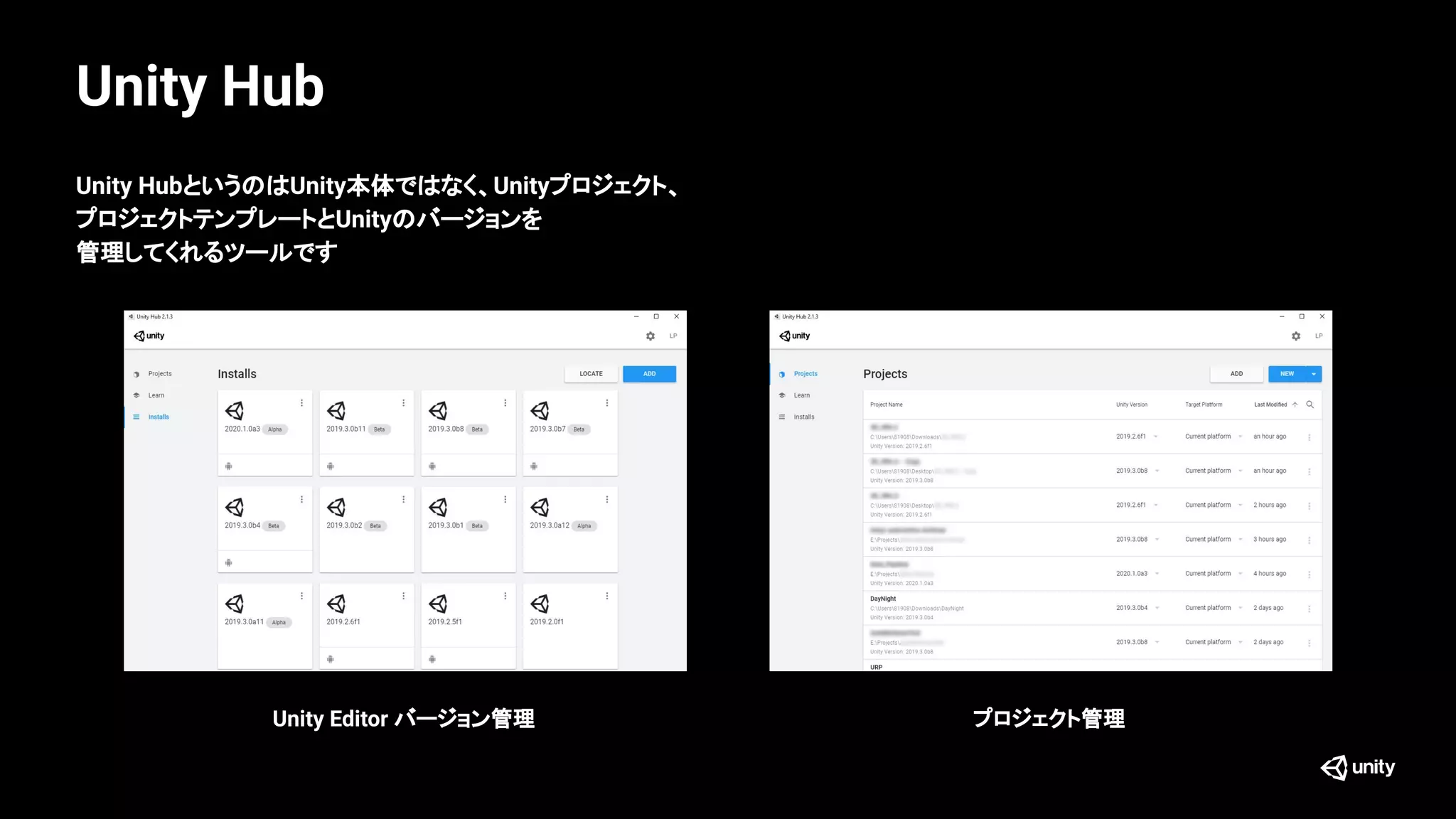 Unity Hub
Unity HubというのはUnity本体ではなく、Unityプロジェクト、
プロジェクトテンプレートとUnityのバージョンを
管理してくれるツールです
Unity Editor バージョン管理 プロジェクト管理
 