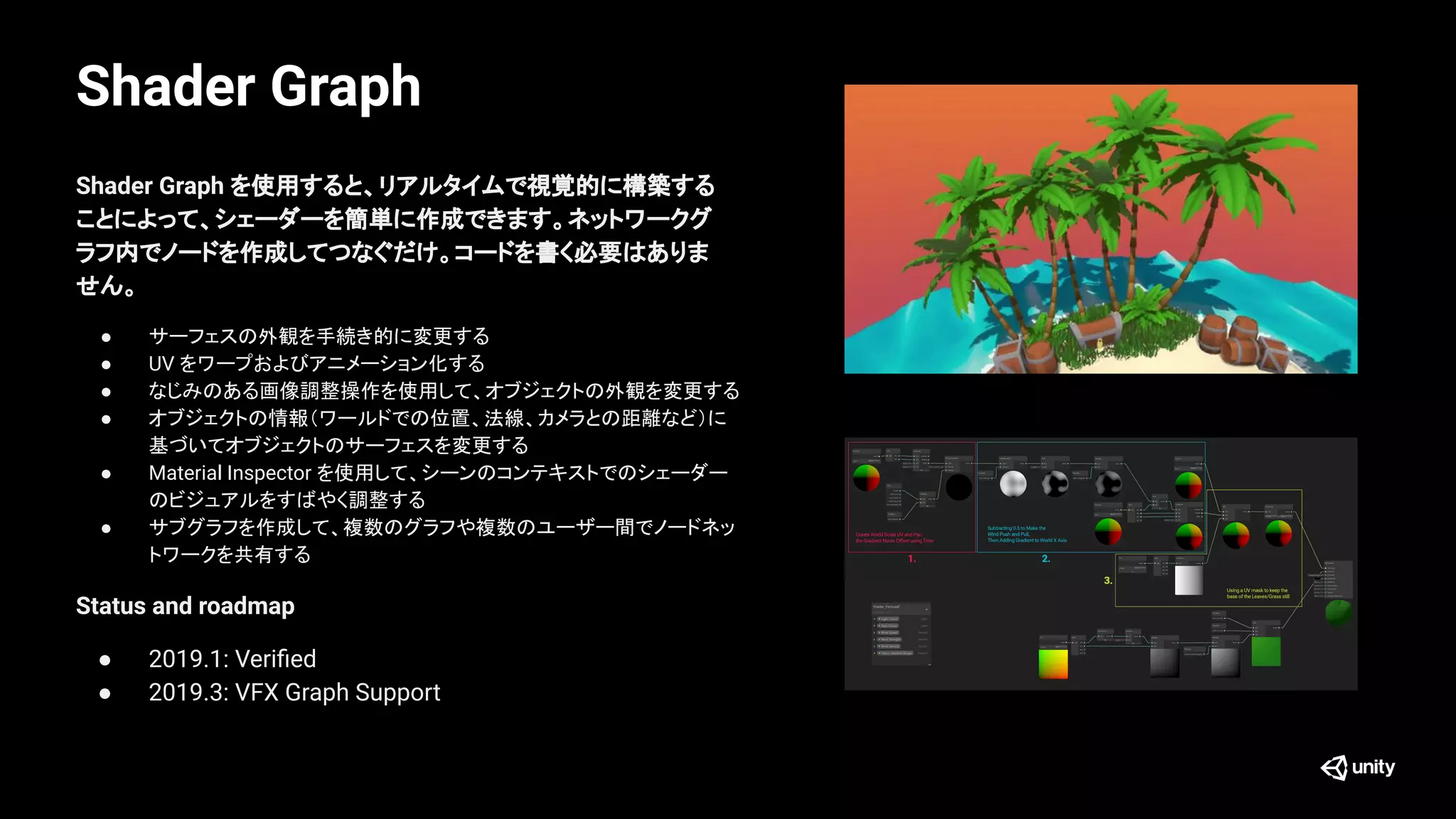 Shader Graph
Shader Graph を使用すると、リアルタイムで視覚的に構築する
ことによって、シェーダーを簡単に作成できます。ネットワークグ
ラフ内でノードを作成してつなぐだけ。コードを書く必要はありま
せん。
● サーフェスの外観を手続き的に変更する
● UV をワープおよびアニメーション化する
● なじみのある画像調整操作を使用して、オブジェクトの外観を変更する
● オブジェクトの情報（ワールドでの位置、法線、カメラとの距離など）に
基づいてオブジェクトのサーフェスを変更する
● Material Inspector を使用して、シーンのコンテキストでのシェーダー
のビジュアルをすばやく調整する
● サブグラフを作成して、複数のグラフや複数のユーザー間でノードネッ
トワークを共有する
Status and roadmap
● 2019.1: Veriﬁed
● 2019.3: VFX Graph Support
 