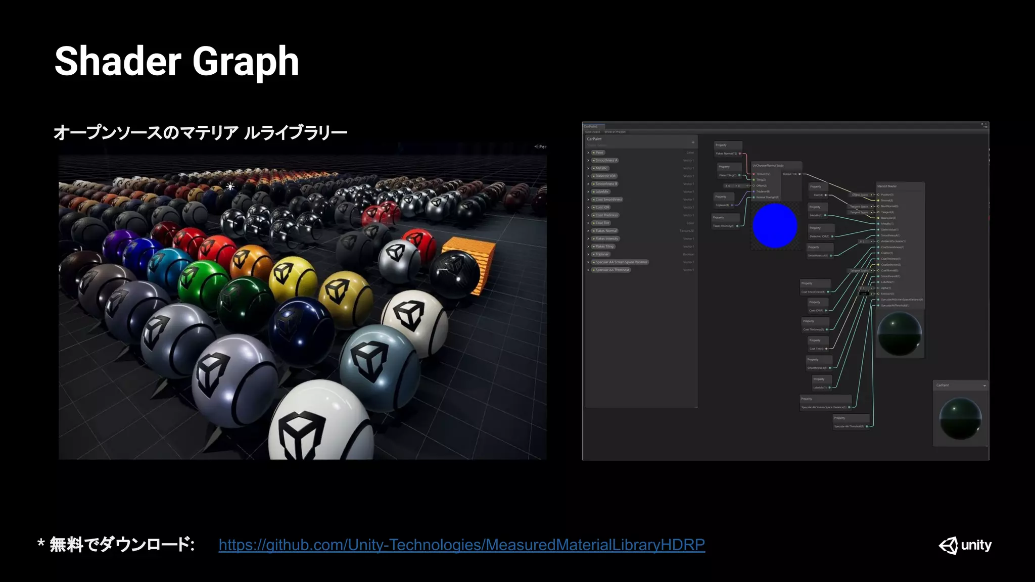 Shader Graph
https://github.com/Unity-Technologies/MeasuredMaterialLibraryHDRP
オープンソースのマテリア ルライブラリー
* 無料でダウンロード:
 