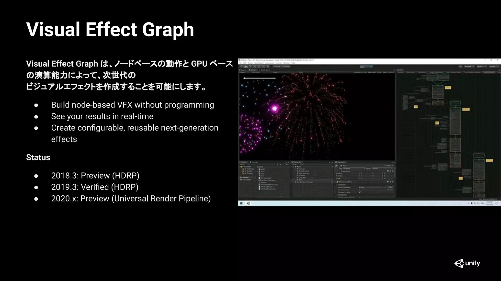 Visual Effect Graph
Visual Effect Graph は、ノードベースの動作と GPU ベース
の演算能力によって、次世代の
ビジュアルエフェクトを作成することを可能にします。
● Build node-based VFX without programming
● See your results in real-time
● Create conﬁgurable, reusable next-generation
effects
Status
● 2018.3: Preview (HDRP)
● 2019.3: Veriﬁed (HDRP)
● 2020.x: Preview (Universal Render Pipeline)
 