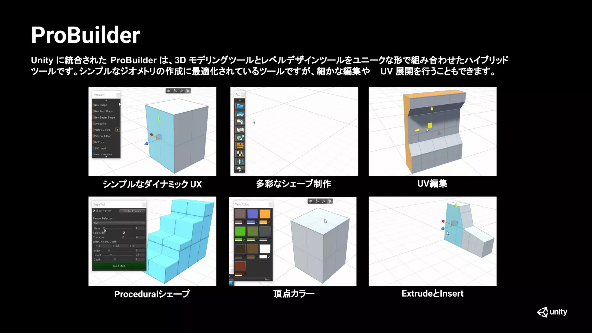 ProBuilder
Unity に統合された ProBuilder は、3D モデリングツールとレベルデザインツールをユニークな形で組み合わせたハイブリッド
ツールです。シンプルなジオメトリの作成に最適化されているツールですが、細かな編集や UV 展開を行うこともできます。
シンプルなダイナミック UX 多彩なシェープ制作 UV編集
Proceduralシェープ 頂点カラー ExtrudeとInsert
 