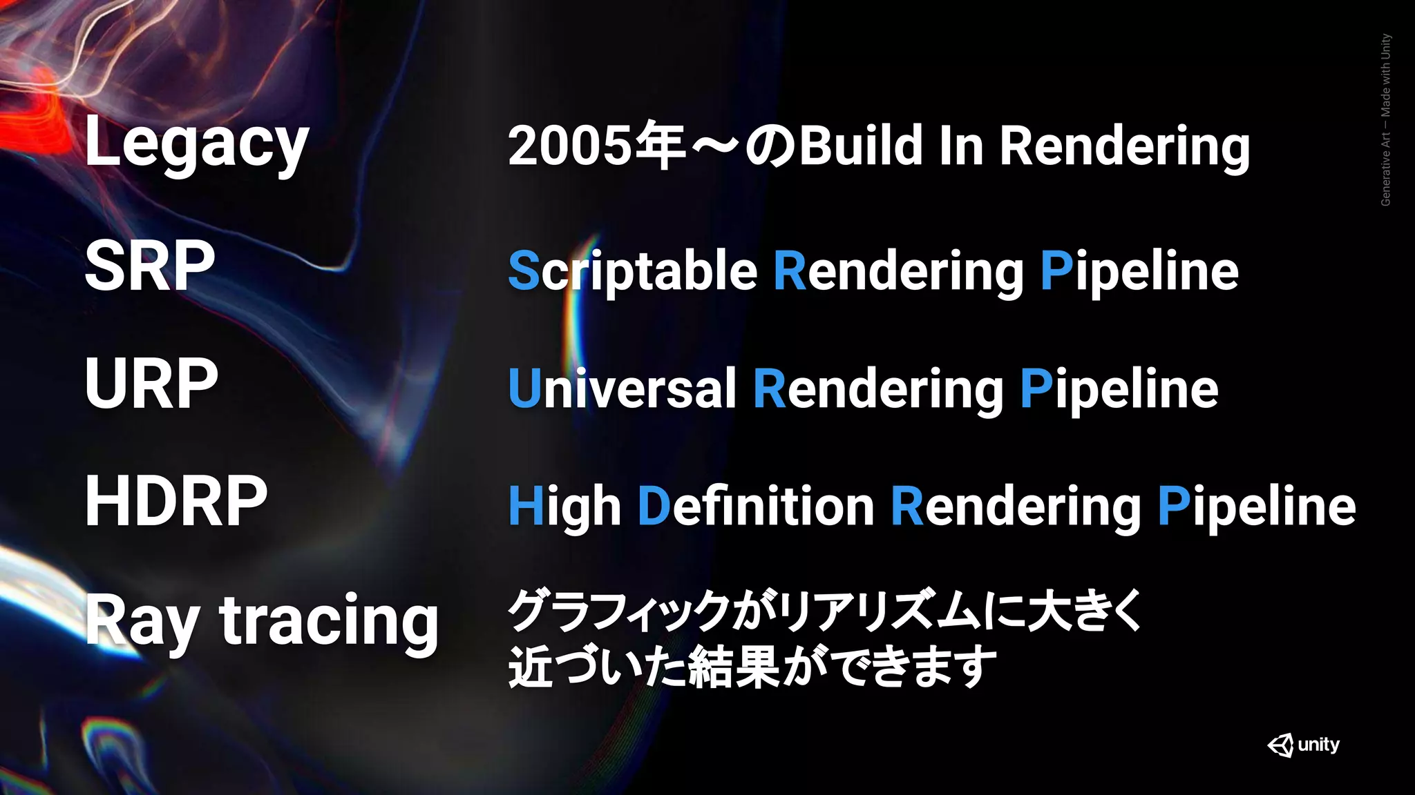 GenerativeArt—MadewithUnity
Scriptable Rendering Pipeline
グラフィックがリアリズムに大きく
近づいた結果ができます
Universal Rendering Pipeline
High Deﬁnition Rendering Pipeline
2005年～のBuild In Rendering
SRP
Ray tracing
URP
HDRP
Legacy
 