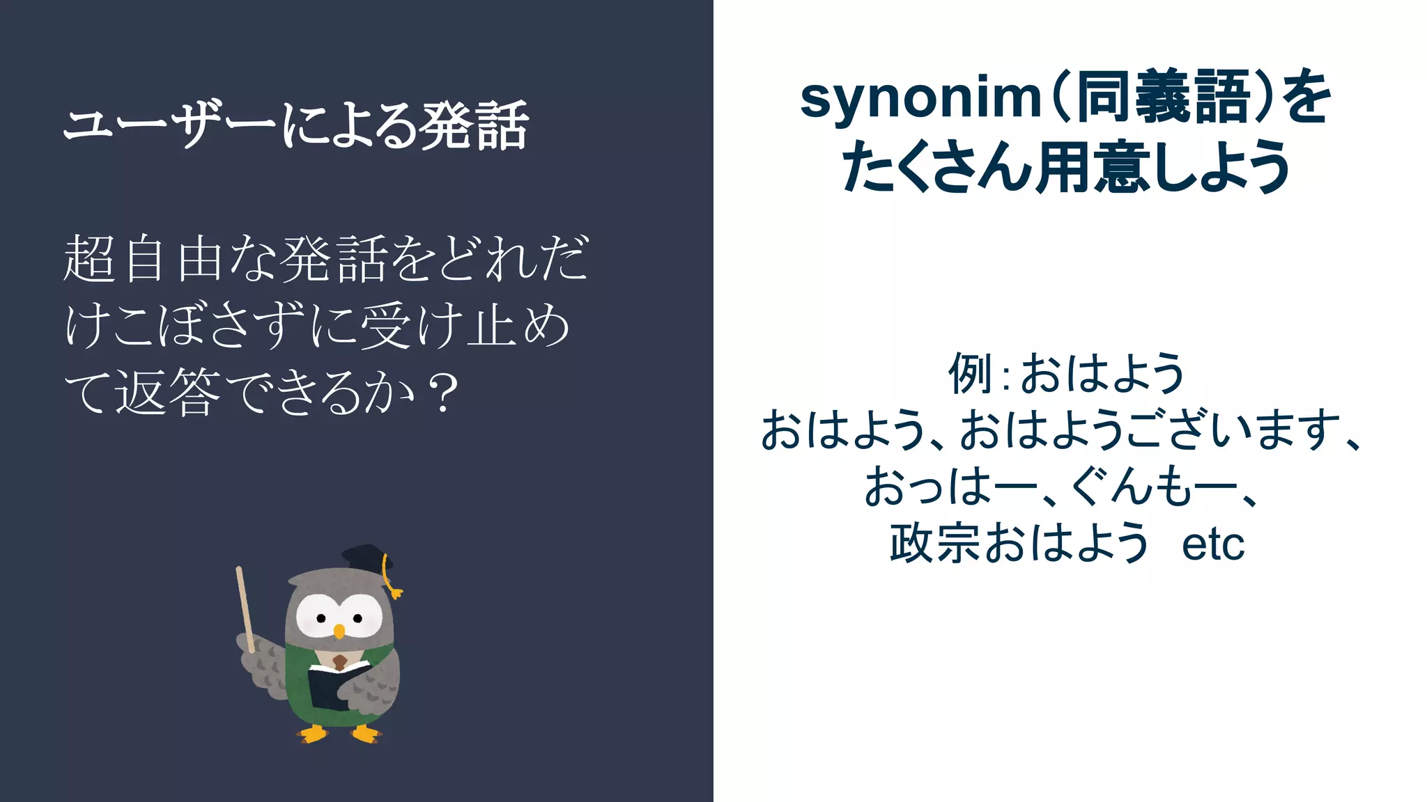ユーザーによる発話
超自由な発話をどれだ
けこぼさずに受け止め
て返答できるか？
synonim（同義語）を
たくさん用意しよう
例：おはよう
おはよう、おはようございます、
おっはー、ぐんもー、
政宗おはよう　etc
 