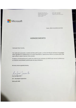 Carta Agradecimiento Microsoft por EXPO USE