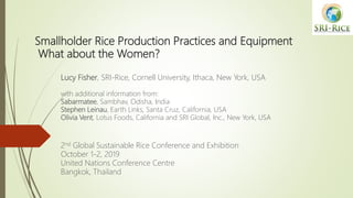 Smallholder Rice Production Practices and Equipment
What about the Women?
Lucy Fisher, SRI-Rice, Cornell University, Ithaca, New York, USA
with additional information from:
Sabarmatee, Sambhav, Odisha, India
Stephen Leinau, Earth Links, Santa Cruz, California, USA
Olivia Vent, Lotus Foods, California and SRI Global, Inc., New York, USA
2nd Global Sustainable Rice Conference and Exhibition
October 1-2, 2019
United Nations Conference Centre
Bangkok, Thailand
 