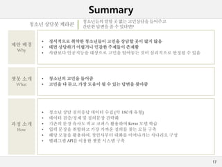 Summary
17
제안 배경
Why
• 정서적으로 취약한 청소년들이 고민을 상담할 곳이 많지 않음
• 대면 상담하기 어렵거나 민감한 주제들이 존재함
• 사람보다 인공지능을 대상으로 고민을 털어놓는 것이 심리적으로 안정될 수 있음
챗봇 소개
What
• 청소년의 고민을 들어줌
• 고민을 다 듣고, 가장 도움이 될 수 있는 답변을 찾아줌
청소년들의말할 곳 없는 고민상담을들어주고
간단한 답변을 줄 수 있다면?
과정 소개
How
• 청소년 상담 질의응답 데이터 수집 (약 180개 유형)
• 데이터 검증/정제 및 질의문장 간략화
• 기존의 문장 유사도 비교 코퍼스 활용하여 Keras 모델 학습
• 입력 문장을 취합하고 가장 가까운 질의를 찾는 모듈 구축
• 해당 모듈을 활용하여, 첫인사부터 대화를 이어나가는 시나리오 구성
• 텔레그램 API를 이용한 챗봇 시스템 구축
청소년 상담봇 케라콘
 
