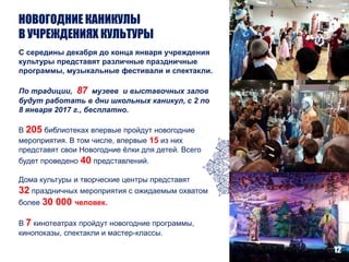 НОВОГОДНИЕ КАНИКУЛЫ
В УЧРЕЖДЕНИЯХ КУЛЬТУРЫ
С середины декабря до конца января учреждения
культуры представят различные праздничные
программы, музыкальные фестивали и спектакли.
По традиции, 87 музеев и выставочных залов
будут работать в дни школьных каникул, с 2 по
8 января 2017 г., бесплатно.
В 205 библиотеках впервые пройдут новогодние
мероприятия. В том числе, впервые 15 из них
представят свои Новогодние ёлки для детей. Всего
будет проведено 40 представлений.
Дома культуры и творческие центры представят
32 праздничных мероприятия с ожидаемым охватом
более 30 000 человек.
В 7 кинотеатрах пройдут новогодние программы,
кинопоказы, спектакли и мастер-классы.
12
 