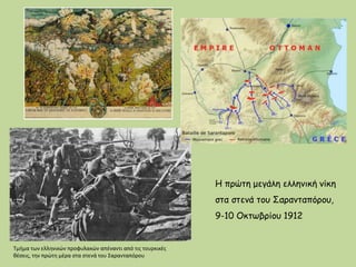 Τμήμα των ελληνικών προφυλακών απέναντι από τις τουρκικές
θέσεις, την πρώτη μέρα στα στενά του Σαρανταπόρου
Η πρώτη μεγάλη ελληνική νίκη
στα στενά του Σαρανταπόρου,
9-10 Οκτωβρίου 1912
 