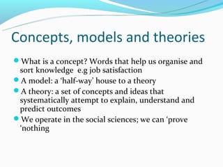 Concepts, models and theories
What is a concept? Words that help us organise and
 sort knowledge e.g job satisfaction
A model: a ‘half-way’ house to a theory
A theory: a set of concepts and ideas that
 systematically attempt to explain, understand and
 predict outcomes
We operate in the social sciences; we can ‘prove
 ‘nothing
 