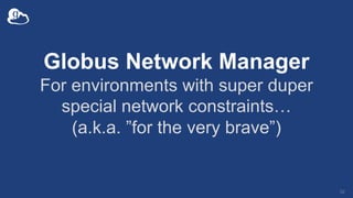 Globus Network Manager
For environments with super duper
special network constraints…
(a.k.a. ”for the very brave”)
52
 