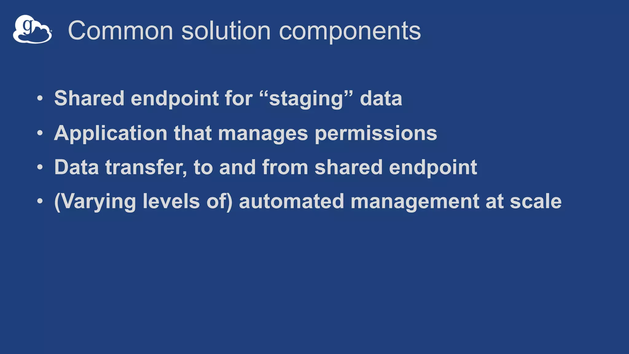 Common solution components
• Shared endpoint for “staging” data
• Application that manages permissions
• Data transfer, to and from shared endpoint
• (Varying levels of) automated management at scale
 