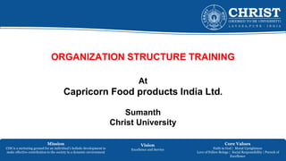 Mission
CIM is a nurturing ground for an individual’s holistic development to
make effective contribution to the society in a dynamic environment
Vision
Excellence and Service
Core Values
Faith in God | Moral Uprightness
Love of Fellow Beings | Social Responsibility | Pursuit of
Excellence
ORGANIZATION STRUCTURE TRAINING
At
Capricorn Food products India Ltd.
Sumanth
Christ University
 