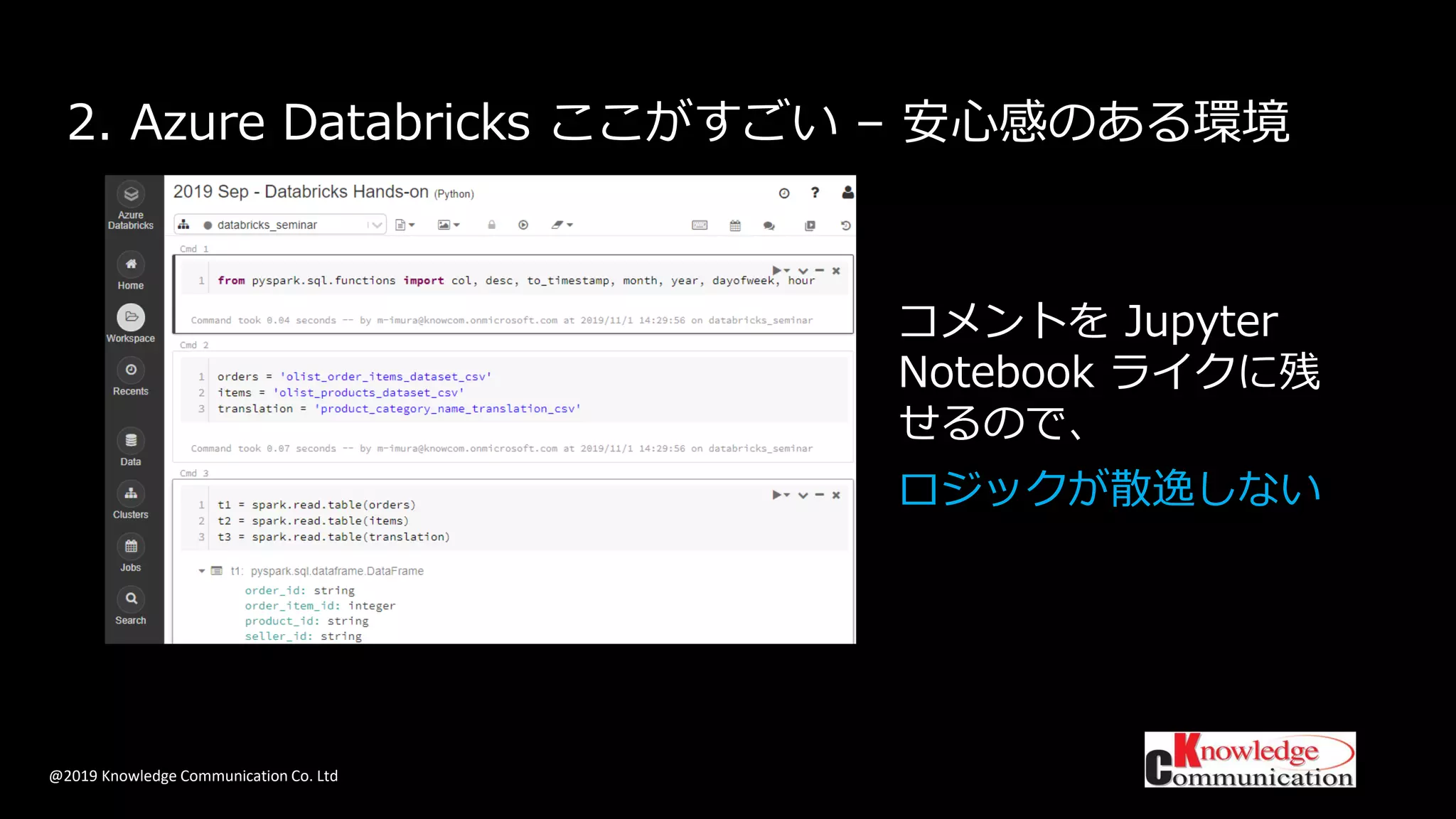 @2019 Knowledge Communication Co. Ltd
2. Azure Databricks ここがすごい – 安心感のある環境
コメントを Jupyter
Notebook ライクに残
せるので、
ロジックが散逸しない
 