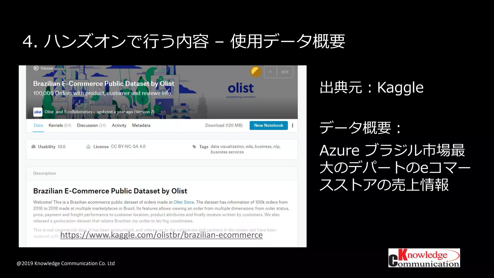 @2019 Knowledge Communication Co. Ltd
4. ハンズオンで行う内容 – 使用データ概要
出典元：Kaggle
データ概要：
Azure ブラジル市場最
大のデパートのeコマー
スストアの売上情報
https://www.kaggle.com/olistbr/brazilian-ecommerce
 