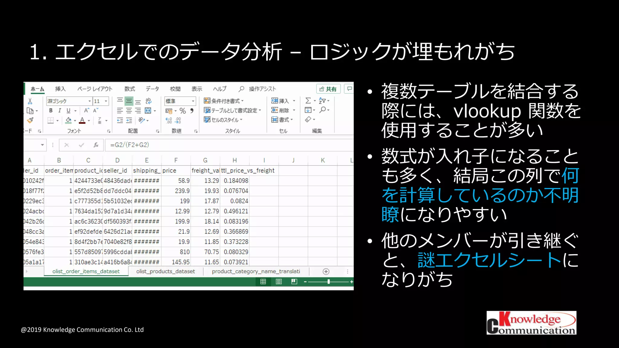@2019 Knowledge Communication Co. Ltd
1. エクセルでのデータ分析 – ロジックが埋もれがち
• 複数テーブルを結合する
際には、vlookup 関数を
使用することが多い
• 数式が入れ子になること
も多く、結局この列で何
を計算しているのか不明
瞭になりやすい
• 他のメンバーが引き継ぐ
と、謎エクセルシートに
なりがち
 