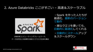 @2019 Knowledge Communication Co. Ltd
2. Azure Databricks ここがすごい – 高速＆スケーラブル
・Spark を作った人たちが
最適化、最新のバージョン
で動作
・雑なクエリを書いても、
自動的に最適化してくれる
・自動的にスケールアップ
＆スケールダウン分散処理コンピューティングフレームワーク。
データ並列性と対故障性を備えたクラスタ全体を構成
 
