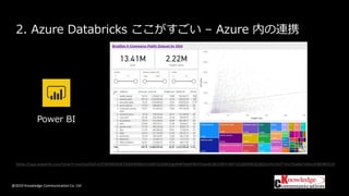 @2019 Knowledge Communication Co. Ltd
2. Azure Databricks ここがすごい – Azure 内の連携
Power BI
https://app.powerbi.com/view?r=eyJrIjoiOGFmOTM5NDEtNTZkMi00MmYxLWFmZDAtYzgzNWYxNjFlN2FlIiwidCI6IjYxNTc5NTU5LWNiM2EtNGZmYy1hOTVmLTkwNzYzMmJhNDRlOCJ9
 