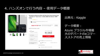 @2019 Knowledge Communication Co. Ltd
4. ハンズオンで行う内容 – 使用データ概要
出典元：Kaggle
データ概要：
Azure ブラジル市場最
大のデパートのeコマー
スストアの売上情報
https://www.kaggle.com/olistbr/brazilian-ecommerce
 