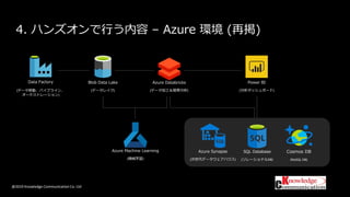 @2019 Knowledge Communication Co. Ltd
4. ハンズオンで行う内容 – Azure 環境 (再掲)
Cosmos DB
(NoSQL DB)
Azure Databricks
(データ加工＆簡易分析)
Blob Data Lake
(データレイク)
Power BI
(分析ダッシュボード)
Azure Synapse
(次世代データウェアハウス)
Azure Machine Learning
(機械学習)
Data Factory
(データ移動、パイプライン、
オーケストレーション)
SQL Database
(リレーショナルDB)
 