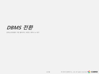© 2019 CUBRID Co., Ltd. All rights reserved.2 / 32
DBMS 전환
공개소프트웨어 기반 클라우드 트렌드 세미나 in 대구
 