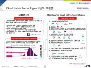 10
공개SW기반클라우드네이티브
Copyright ⓒ (주)넷케이티아이 2019. All Rights Reserved
; 2015년6월 설립, 컨테이너 기술에 관련된 공통적이고 최소화한 공개
표준과 명세를 개발/확산하는 역할을 수행
- Runtime Spec : 컨테이너 실행을 관리하기 위한 명세
- Rutime tools : 컨테이너 실행을 검증하는 테스트 도구
- Runc : 컨테이너 실행을 위한 구현체
- Image spec : 컨테이너 이미지의 저장 방식에 대한 명세
- Image tools : OCI 이미지 명세를 구현한 컨테이너 이미지를 검증
하는 테스트 도구
; 2015년 설립, 리눅스 파운데이션(Linux Foundation)의 산하단체,
클라우드 네이티브 소프트웨어를 위한 지속 가능한 생태계 구축
1. CONTAINERIZATION
2. CI/CD
3. ORCHESTRATION & APPLICATION DEFINITION
4. OBSERVABILITY & ANALYSIS
5. SERVICE PRIXY, DISCOVERY, & MESH
6. NETWORKING & POLICY
7. DISTRIBUTED DATABASE & STORAGE
8. STREAMING & MESSAGING
9. CONTAINER REGISTRY & RUNTIME
10. SOFTWARE DISTRUBUTION
국제표준단체
OCI(Open Container Initiative)
OpenSource Cloud Native Technologies
CNCF(Cloud Native Computing Foundation)
Cloud Native Trail Map
클라우드 네이티브
(출처 : https://www.cncf.io/ )
 