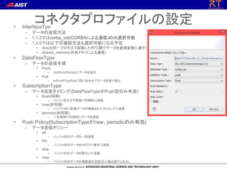 コネクタプロファイルの設定• InterfaceTye
– データの送信方法
– 1.1.2ではcorba_cdr(CORBAによる通信)のみ選択可能
– 1.2.0では以下の通信方法も選択可能になる予定
• direct(同一プロセスで起動したRTC間でデータを直接変数に渡す)
• shared_memory(共有メモリによる通信)
• DataFlowType
– データの送信手順
• Push
– OutPortがInPortにデータを送る
• Pull
– InPortがOutPortに問い合わせてデータを受け取る
• SubscriptionType
– データ送信タイミング(DataFlowTypeがPush型のみ有効)
• flush(同期)
– バッファを介さず即座に同期的に送信
• new(非同期)
– バッファ内に新規データが格納されたタイミングで送信
• periodic(非同期)
– 一定周期で定期的にデータを送信
• Push Policy(SubscriptionTypeがnew、periodicのみ有効)
– データ送信ポリシー
• all
– バッファ内のデータを一括送信
• fifo
– バッファ内のデータをFIFOで１個ずつ送信
• skip
– バッファ内のデータを間引いて送信
• new
– バッファ内のデータの最新値を送信(古い値は捨てられる)
 