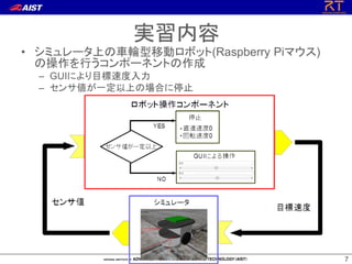 77
• シミュレータ上の車輪型移動ロボット(Raspberry Piマウス)
の操作を行うコンポーネントの作成
– GUIにより目標速度入力
– センサ値が一定以上の場合に停止
実習内容
 