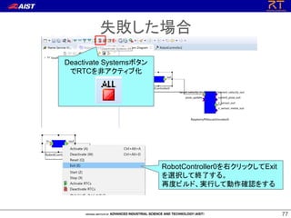 7777
失敗した場合
Deactivate Systemsボタン
でRTCを非アクティブ化
RobotController0を右クリックしてExit
を選択して終了する。
再度ビルド、実行して動作確認をする
 