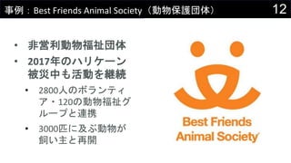 12事例：Best Friends Animal Society（動物保護団体）
• 非営利動物福祉団体
• 2017年のハリケーン
被災中も活動を継続
• 2800人のボランティ
ア・120の動物福祉グ
ループと連携
• 3000匹に及ぶ動物が
飼い主と再開
 