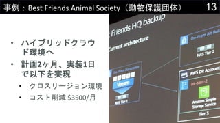 13事例：Best Friends Animal Society（動物保護団体）
• ハイブリッドクラウ
ド環境へ
• 計画2ヶ月、実装1日
で以下を実現
• クロスリージョン環境
• コスト削減 $3500/月
 