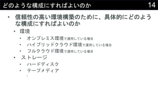 14どのような構成にすればよいのか
• 信頼性の高い環境構築のために、具体的にどのよう
な構成にすればよいのか
• 環境
• オンプレミス環境で運用している場合
• ハイブリッドクラウド環境で運用している場合
• フルクラウド環境で運用している場合
• ストレージ
• ハードディスク
• テープメディア
︙
 
