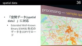 36spatial data
• 「空間データ(spatial
data）」に対応
• Extended Well-Known
Binary (EWKB) 形式の
データをCOPYでロー
ド
 