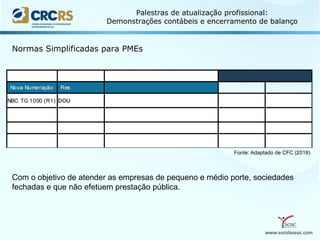 www.escolaseac.com
Palestras de atualização profissional:
Demonstrações contábeis e encerramento de balanço
Com o objetivo de atender as empresas de pequeno e médio porte, sociedades
fechadas e que não efetuem prestação pública.
Normas Simplificadas para PMEs
Fonte: Adaptado de CFC (2018)
 