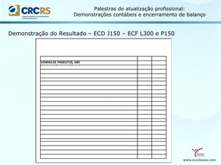 www.escolaseac.com
Palestras de atualização profissional:
Demonstrações contábeis e encerramento de balanço
Demonstração do Resultado – ECD J150 – ECF L300 e P150
 